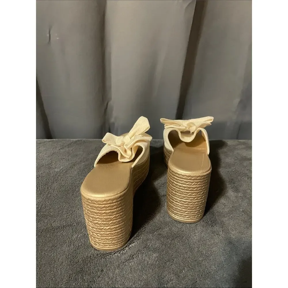 Women's Cream Platform Slide Sandals with Decorative Bow